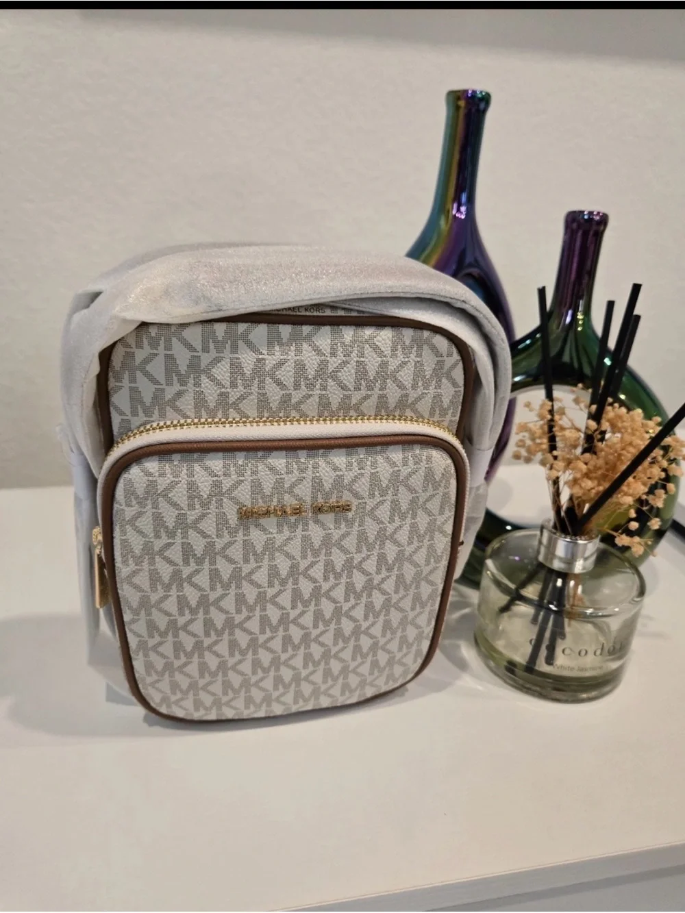 Michael Kors Cream Logo Mini Backpack with Tan Trim